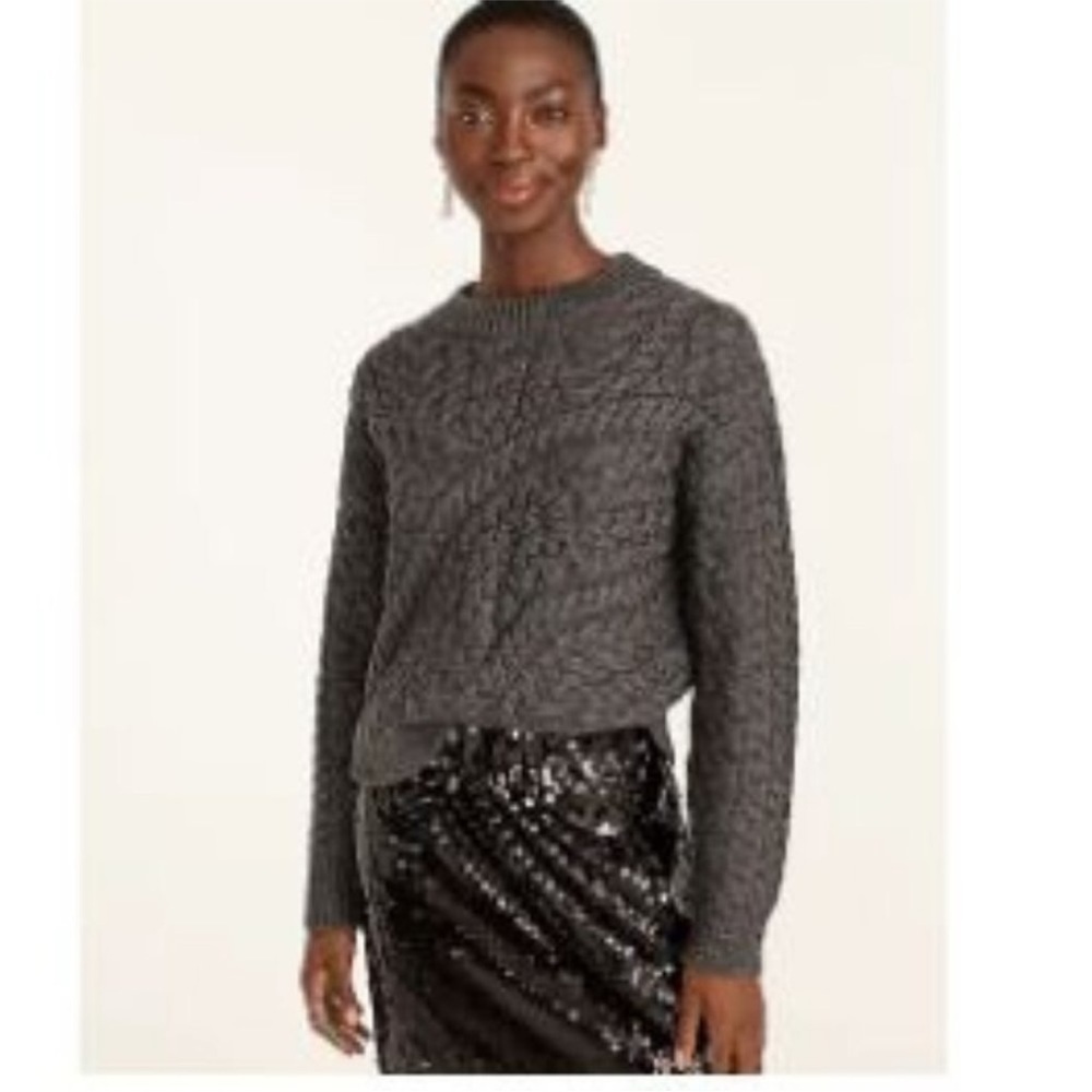 Jcrew Curved Cable Knit Sweater Charcoal Gray Chunky Wool Crewneck